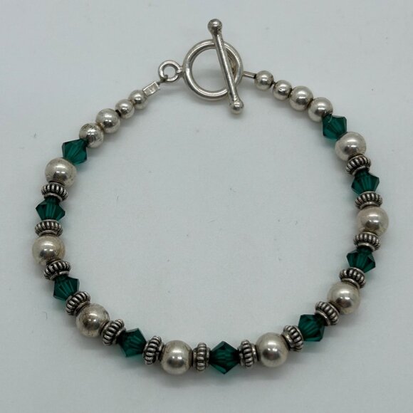 Artisan Sterling Silver Bracelet Green Crystal Bead Toggle Clasp 6.5" 10 grams - Picture 2 of 15